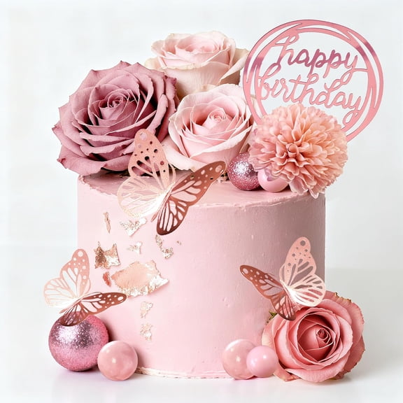 Flower Cake Toppers, Happy Birthday Rose Gold Cake Decorations with Artificial Flowers Butterfly Balls for Wedding Baby Shower Birthday Party Supplies
