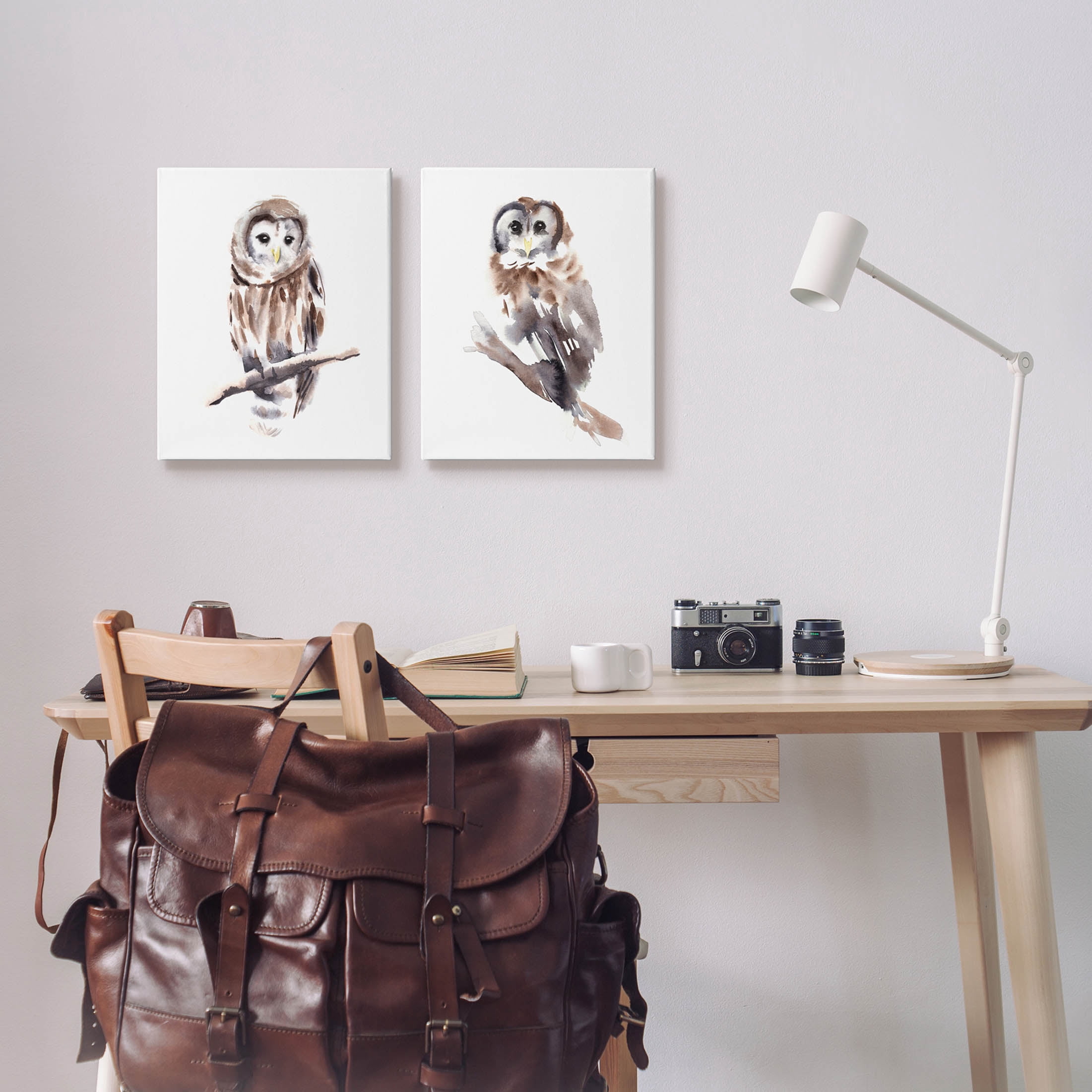 Stupell Industries Perched Owl Wildlife Portrait Painting Gallery Wrapped Canvas Print Wall Art, Set of 2, Design by Annie Warren
