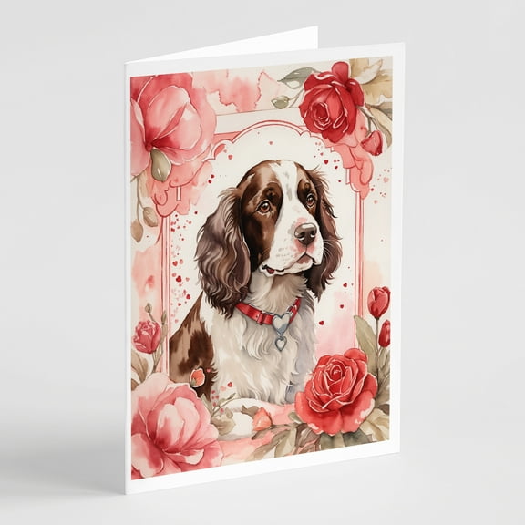 English Springer Spaniel Valentine Roses Greeting Cards Pack of 8 7 in x 5 in