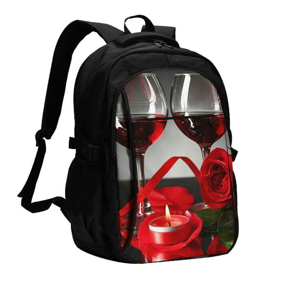 Sikiie Red Wine Rose Print USB Travel Backpack, Multi-pocket Laptop Bag with USB Charging Port, Suitable for School, Work and Outing, Unisex