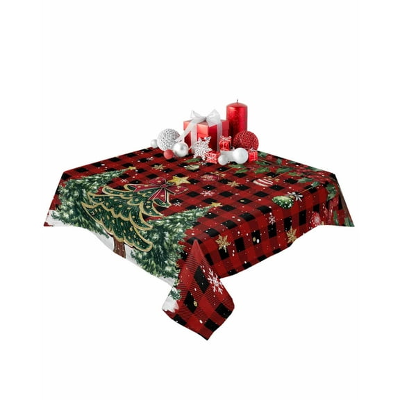 Square Tablecloth 60 x 60 Inches Winter Christmas Trees Balls Vintage Plaid Waterproof & Stain Resistance Table Cloth Decorative Fabric Table Cover for Dinning/Party/Buffet/Banquet
