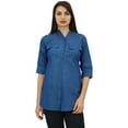 thumbnail image 3 of Phagun Women's 3/4 Sleeve Blue Shirt Button Down Blouse Casual Tunic Top - 4, 3 of 9