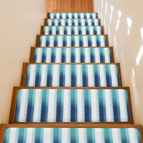 Abstract Blue Stripes Stair Treads Non Slip for Steps Minimalist Navy Blue Striped Country 4 Pcs Reusable Adhesive Stair Runner Mats for Dogs Elders Carpet Treads Rugs for Staircase 8x30 In