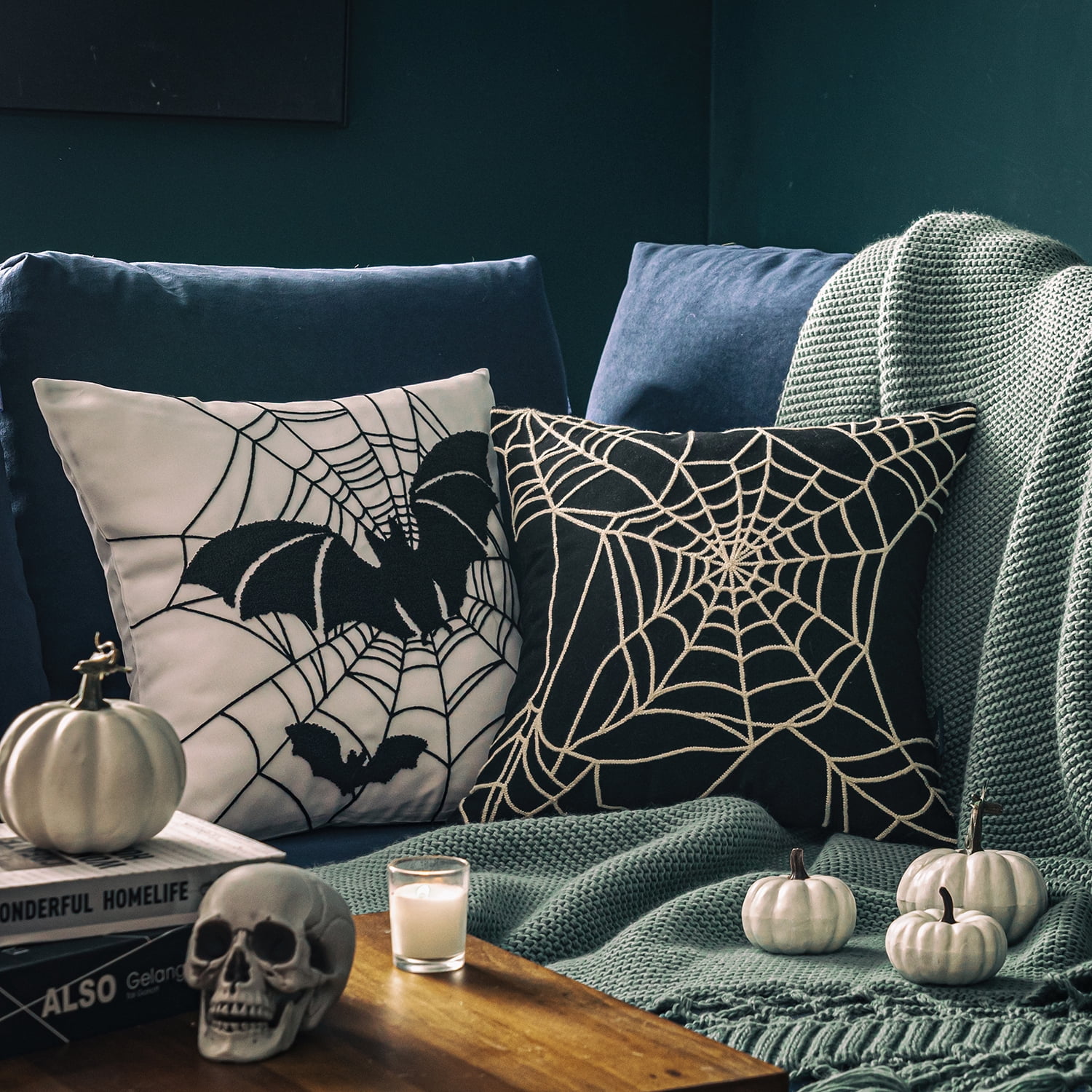 Halloween Holiday Collection Embroidery Decorative Throw Pillow Cover, 18" x 18", Black and Beige Spider Web, 4 Set