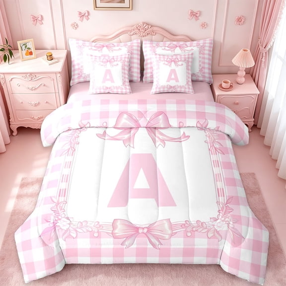 jejeloiu Pink Bowknot 7-Piece Twin Bedding Sets,Letter A Monogrammed Bedding Comforter Set For Girls Kids Reversible