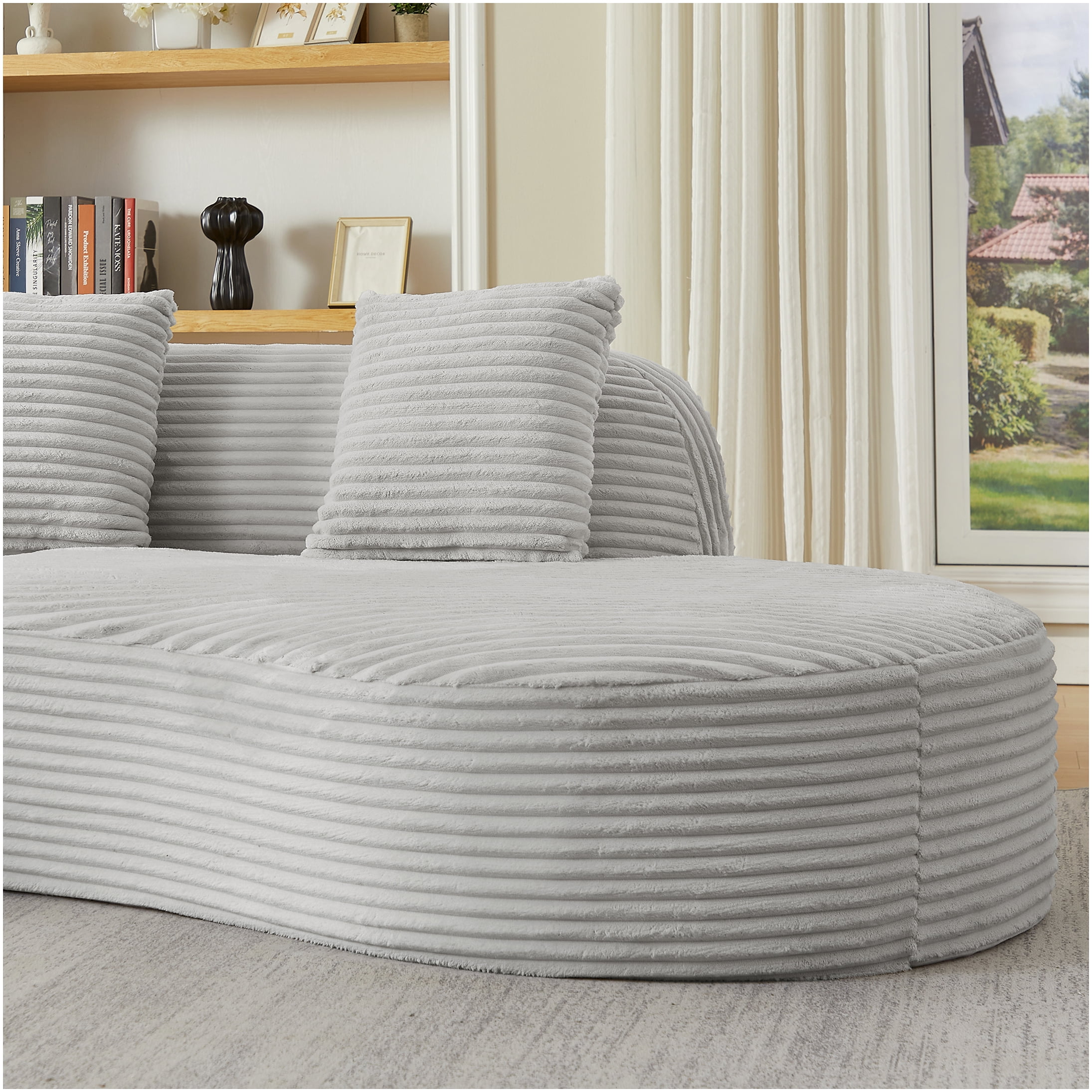Compressed Curved Corduroy Sofa, 4-Seat Sectional Couch with Pillows, Light Grey Fabric Upholstery, No Setup Needed
