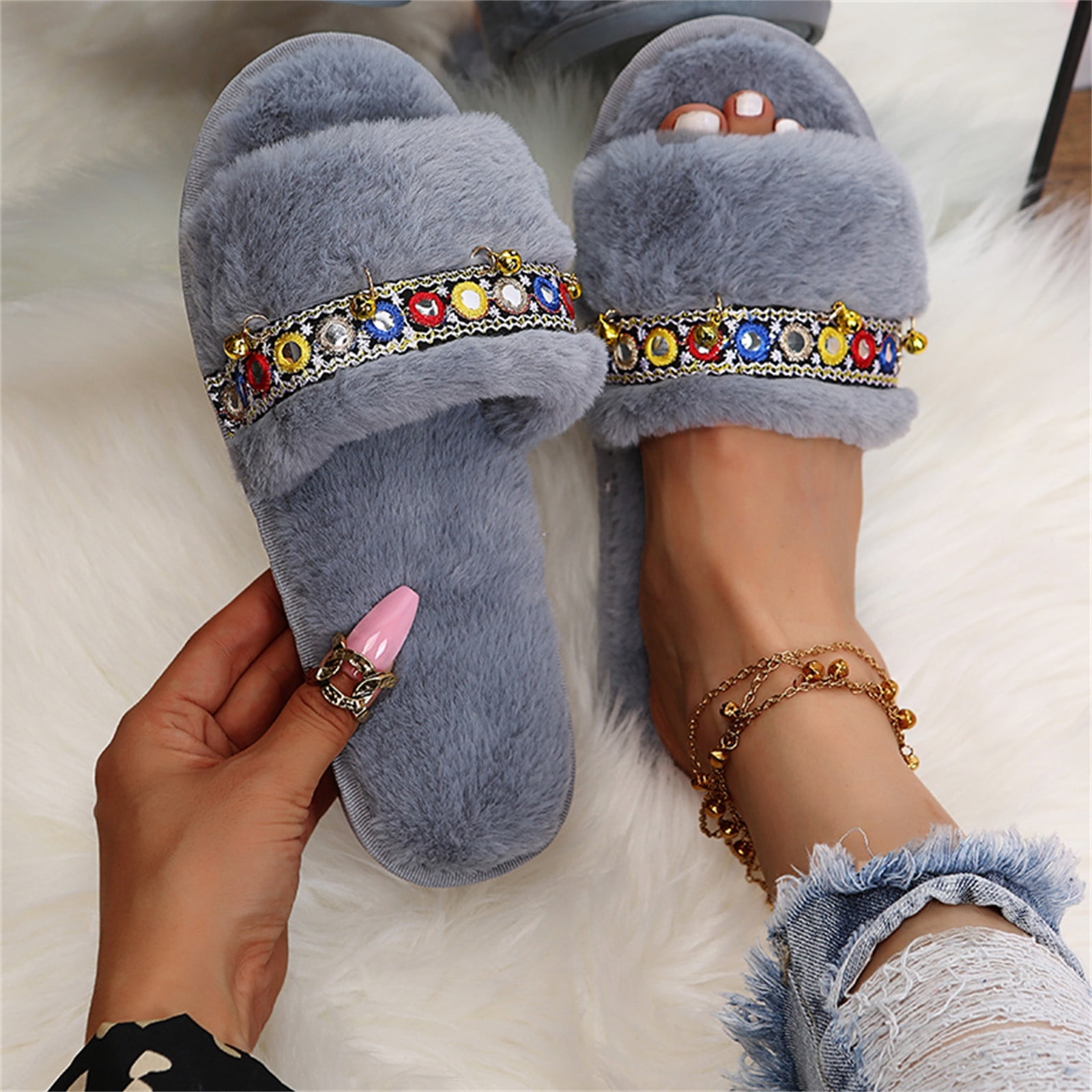 villus fluffy casual flat sandals