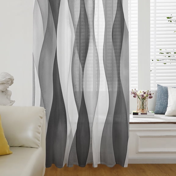 Gray Stripes Sheer Curtains 84 Inch Length, Light Filtering Voile Curtain Panel, Vintage Farmhouse Greyish Ripple Pattern Rod Pocket Drapes Window Treatments for Living Room Bedroom 52"x84"