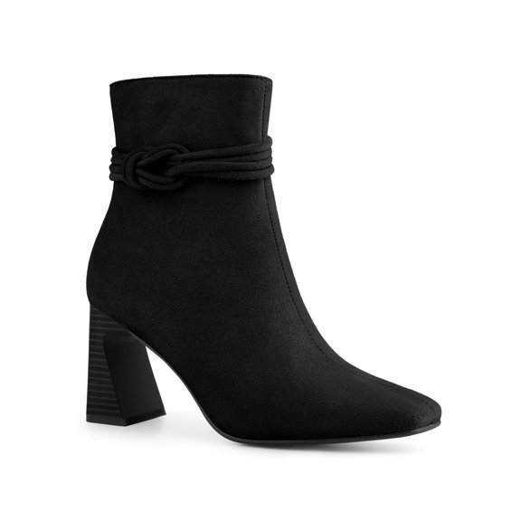 BLISSFUL STEP Women's Knot Decor Square Toe Side Zip Block Heels Ankle Boots Black 7