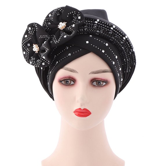 UDIYO Solid Color Pre-Tied Cross Wrap Turban Beanie Flower Decor Rhinestone Headscarf Cap Hair Accessories