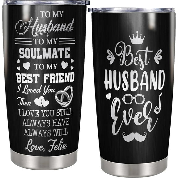 Personalized To My Husband Insulated Tumbler with Lid 20oz for Men Him from Wife Stainless Steel Travel Coffee Mug Thermal Cup Gift Christmas Birthday Valentines Day