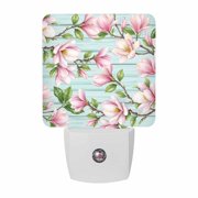 Pink Magnolia Night Lights, Floral Branches Leaf Botanical Teal Wood Grain Smart Auto Dusk to Dawn Sensor Nightlights Plug-in Nightlight for Bedroom Bathroom Living Room Kitchen Hallway