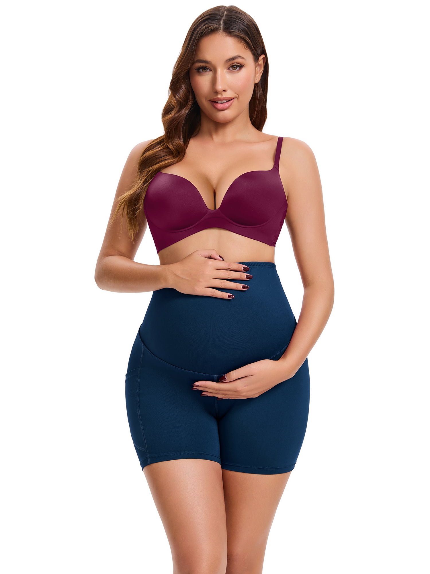 DARING DIVA Women's Maternity Mid Thigh Belly Support High Waist Shorts M Blue