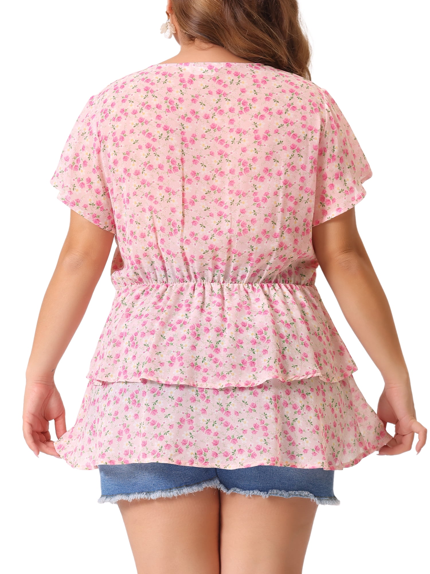 DARING DIVA Women's Plus V Neck Short Sleeve Casual Floral Blouse 3X Pink