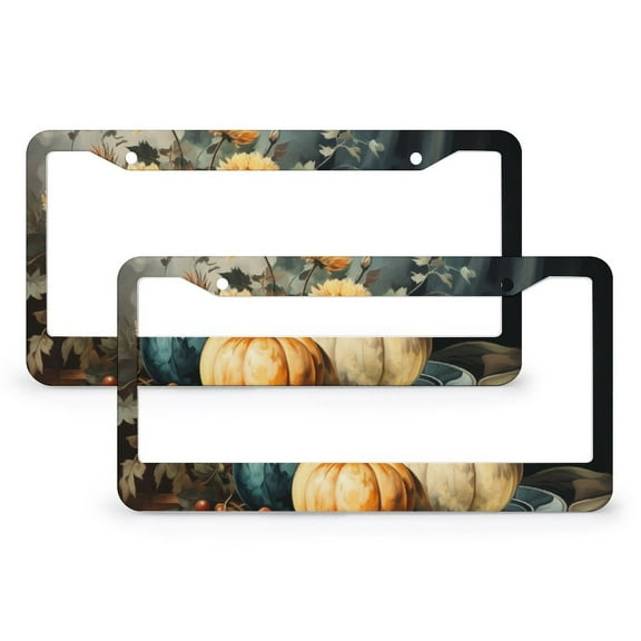 Flower Pumpkins License Plate Frame 2 Pcs Set Autumn Thanksgiving Day License Plate Frame License Plate Shield Frame for US Standard Vehicles for Women Men 2 Round Holes Metal License Plate Frames