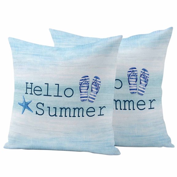 2 Pack Outdoor Waterproof Throw Pillow Covers,Hello Summer Starfish Flip Flops Decorative Square Patio Pillowcases for Chair Couch Sofa 16x16in