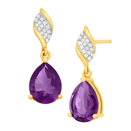 3 1/8 ct Natural Amethyst Drop Earrings with Diamonds in 10kt Gold