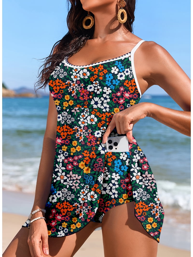 SHEWIN Swimdress for Women, XL, Green, Floral Printed High Waisted