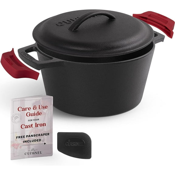 Cuisinel Pre-Seasoned Cast Iron Dutch Oven with Lid, Handle Covers & Pan Scraper, 3 Qts