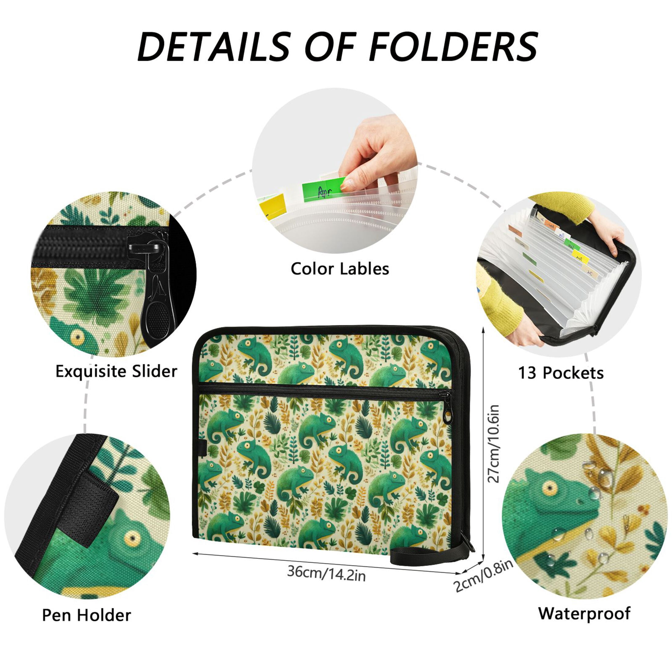 Wobogo Green Chameleon Expanding File Folder Letter Size Accordion Filing Organizer 13 Pocket Separate Organ Pocket