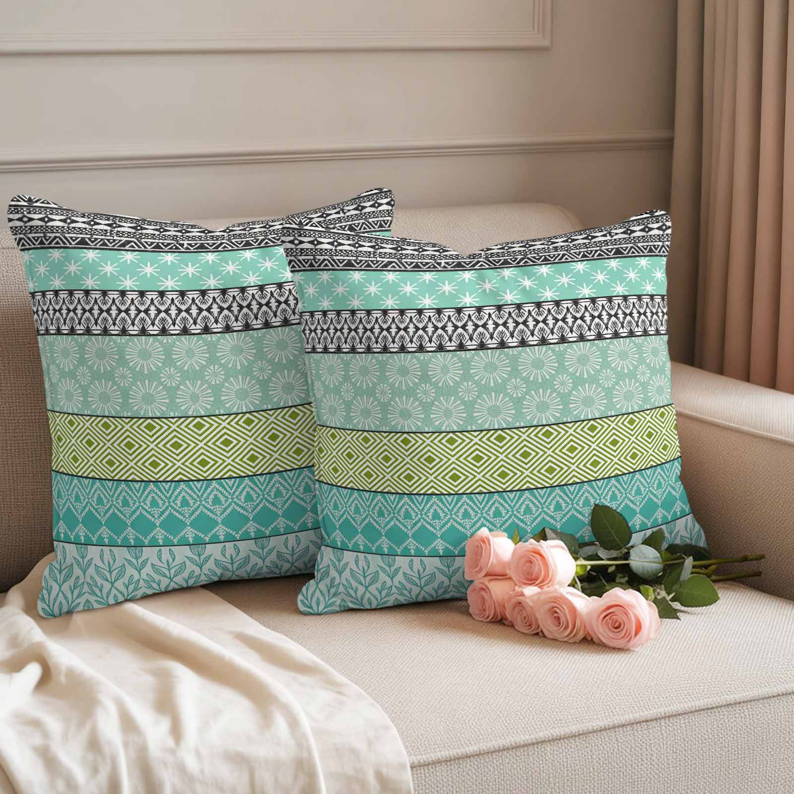 Outdoor Waterproof Throw Pillow Covers Set of 2 Teal Bohemian Decorative Pillowcases Square Pillows Cushion Case 16x16 Inch Boho Style Floral Leaves Geometric Patio Pillows for Couch Sofa Bed