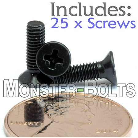 4 Screw Non Recessed (25) M3-0.5 x 10mm - Phillips Flat Head Machine Screw (Countersunk) Class 4.8 Carbon Steel w Black Oxide Cross Recessed Type H Metric DIN 965 - MonsterBolts (25, M3 x 10mm) ()