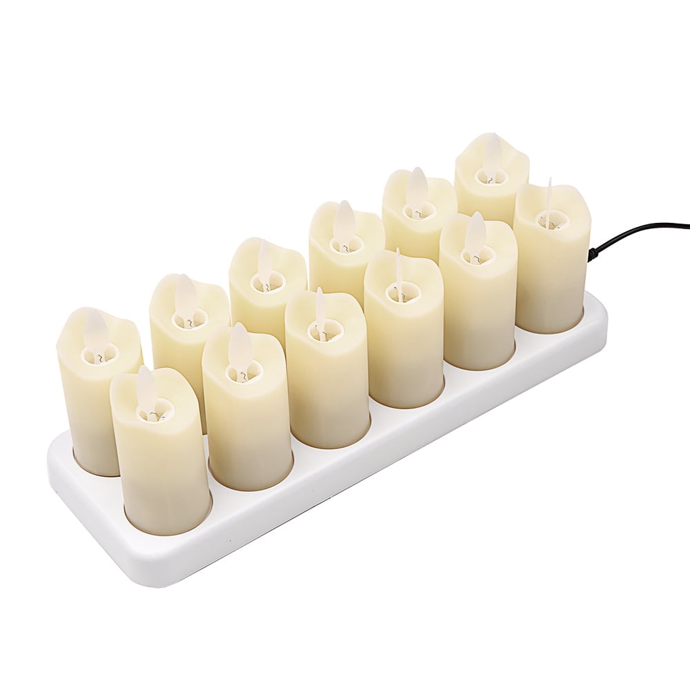 Set of 12 Rechargeable LED Pillar Candles - Flameless, Warm Yellow, Flickering Electric Candle Lights for Christmas, Weddings, and Parties