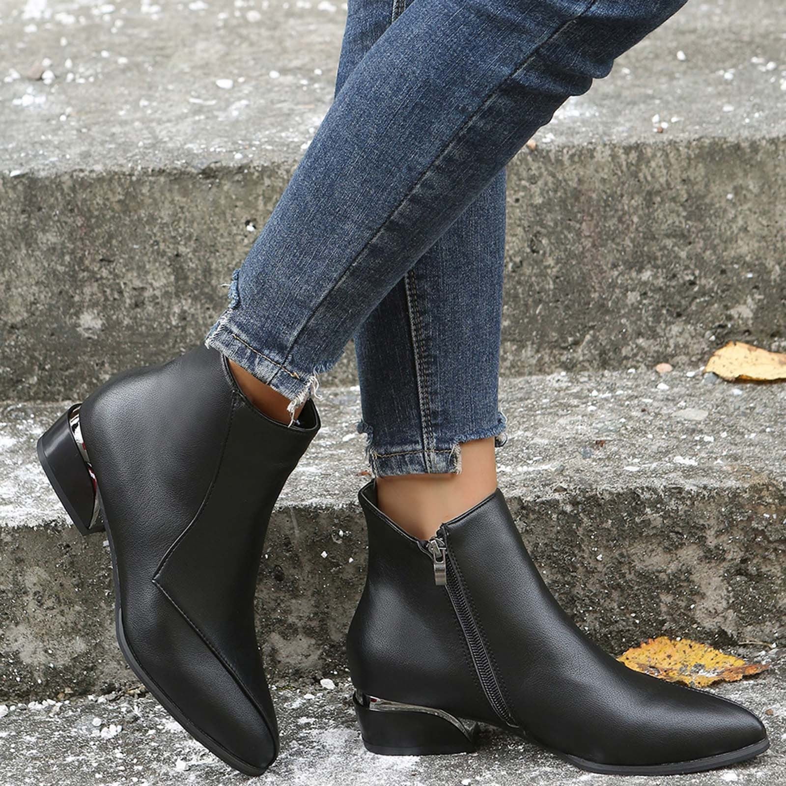Tejiojio Womens Boots Flat Feet Side Zipper Mid Heel Bottom