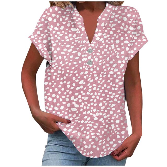 Vestidos Casuales Para Mujer, Blusas De Mujer De Moda Camiseta informal de manga corta con cuello en V y botones para mujer