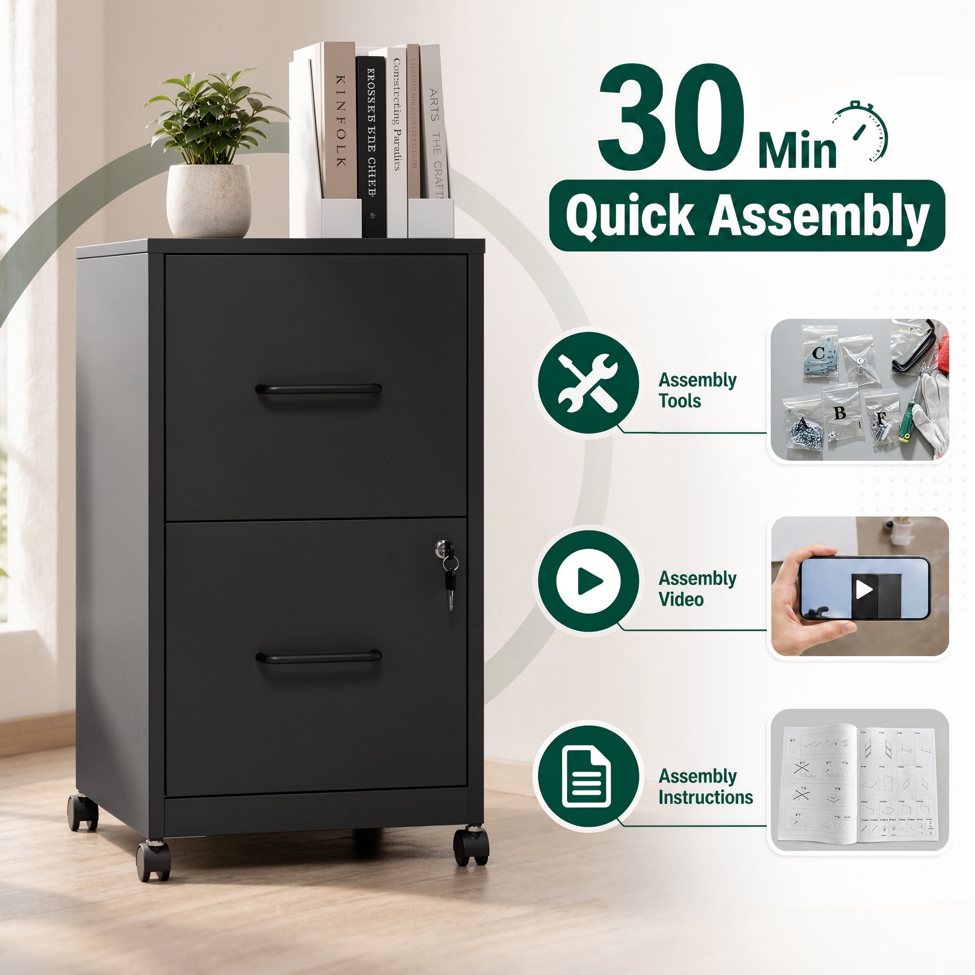 2 Drawer Lockable Metal File Cabinet WIth Wheel, Vertical Under Desk Steel Filing Cabinet with Wall Anti-Tip Kit, Heavy Duty Office Storage Cabinet for Letter/Legal Size Files, Black