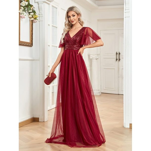 Wedding Dress Wedding Guest Dresses for Women Party Dress Women's Evening  Dress Flared Sleeve Chiffon A-line Dress V-neck Wine Bridesmaid Dress 