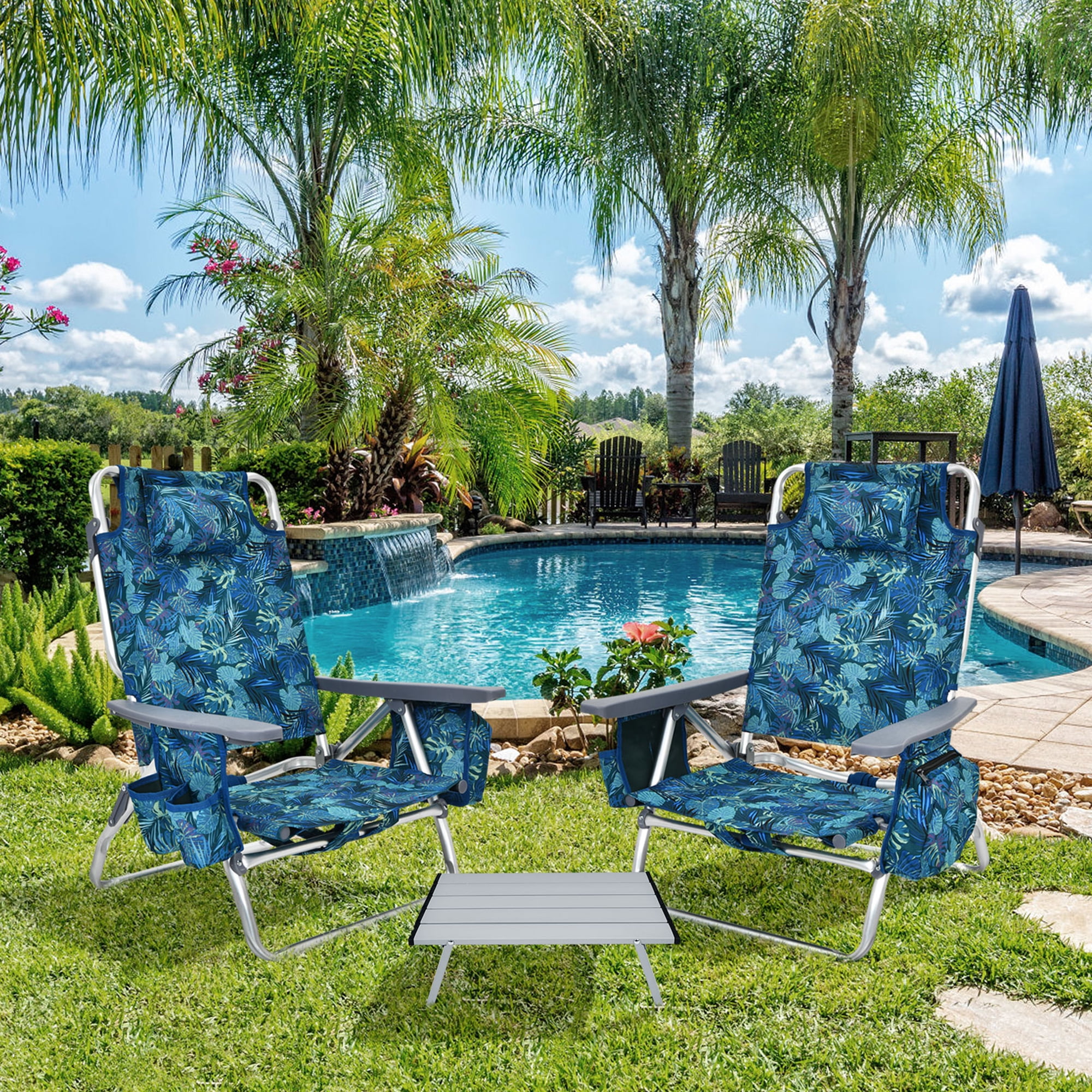 Gymax 3PCS Folding Beach Chair & Table Set Adjustable Outdoor Reclining