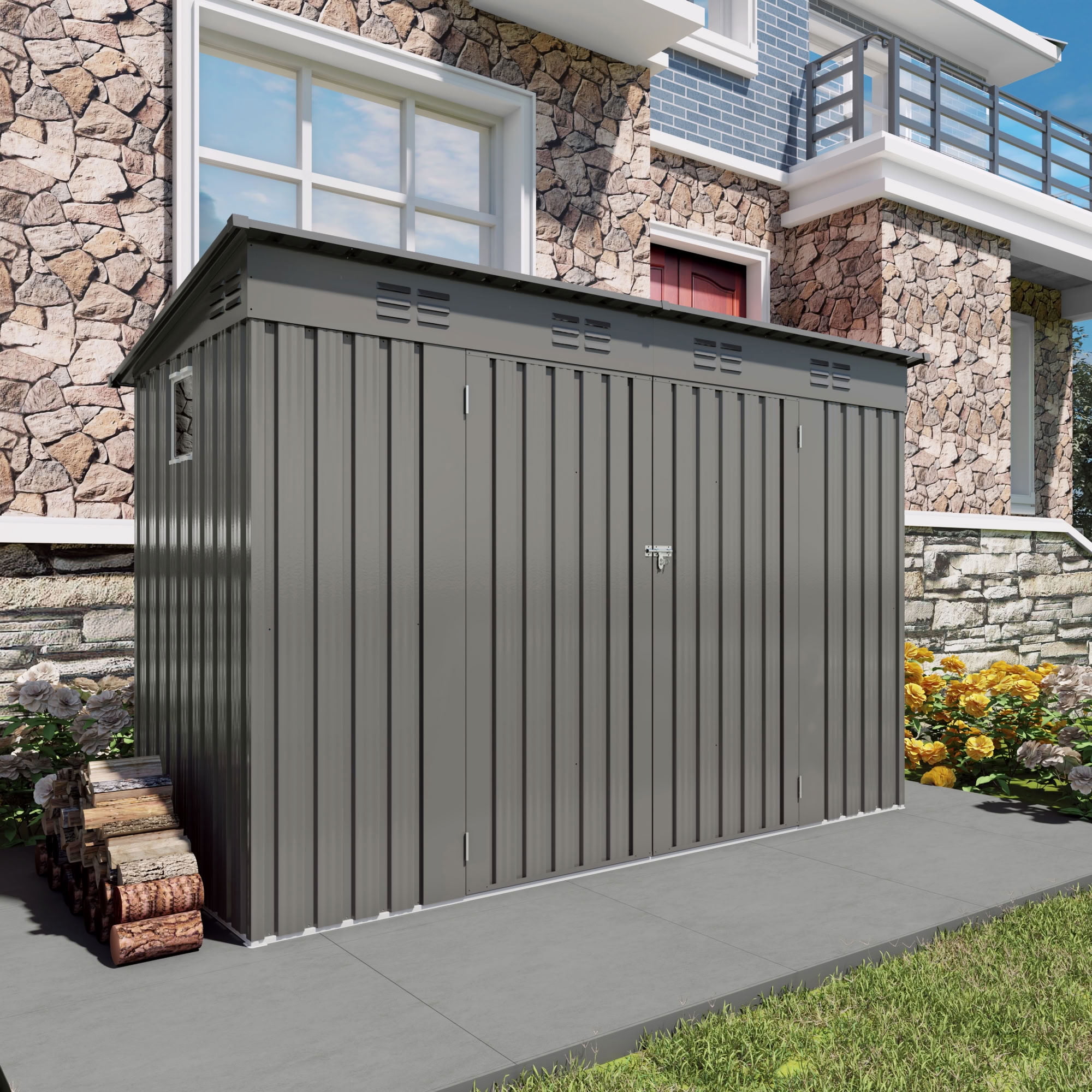 MAYEERTY 4x9 FT Metal Outdoor Storage Shed, Galvanized Steel Garden Shed with 6 Vents & Lockable Doors, for Backyard, Garden, Patio & Lawn