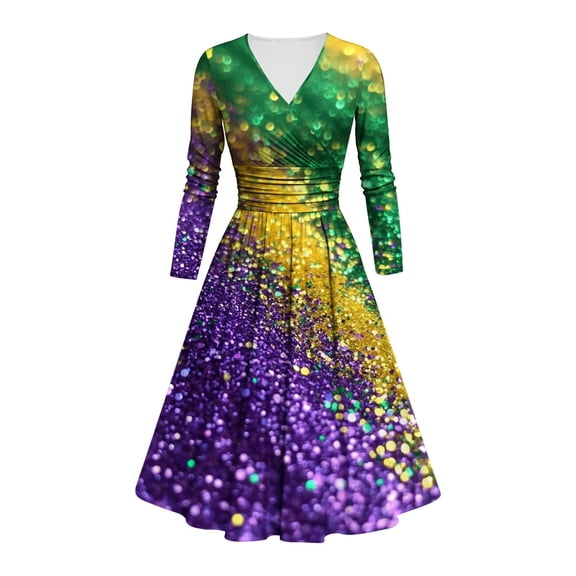 ZQUUVOU Women's Carnival Festival Dress V Neck Long Sleeve Flowy Dress Casual Waist Mini Holiday Outfits Swing Skater Multicolor G