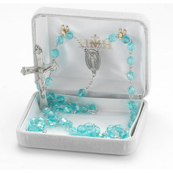 Tin Cut Aqua Aurora Borealis Bead New England Pewter Rosary