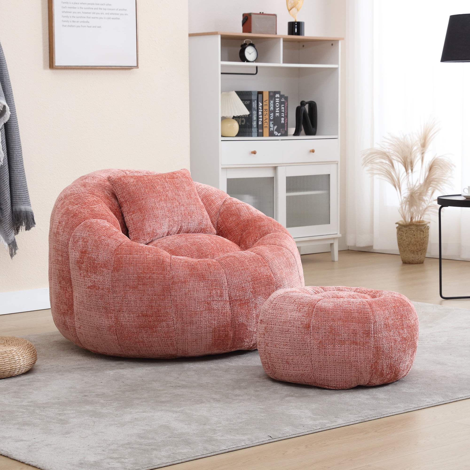 MOONMISS Chenille Upholstered Round Lazy Cozy Bean Bag Chair with Ottoman-PINK