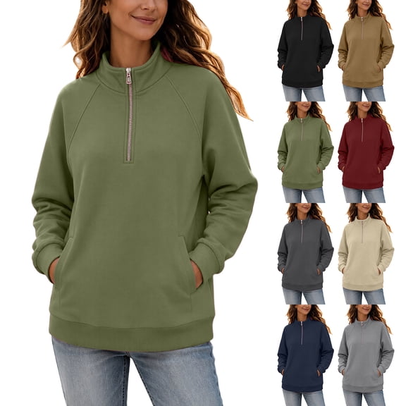 Inverlee Half Zip Stand Collar Sweatshirts for Women Long Sleeve Raglan Pullovers Side Pocket Solid Casual Loose Fit Tops Black S-XXL