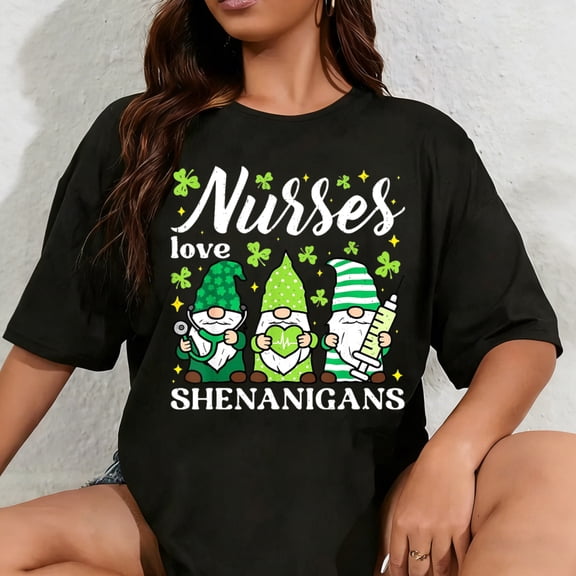 100% Cotton Unisex Nurses Love Shenanigans Gnomes Scrub St Patricks Day Women T-Shirt