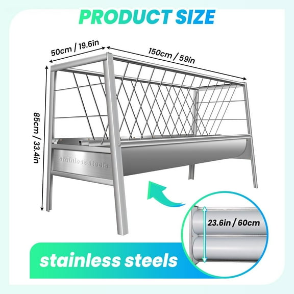 77 Gallon Stainless Steel Goat Feeder - 2-in-1 Livestock Feeder & Goat Hay Feeder for Goats, Sheep & Horses - Durable & Rust-Proof