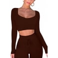 thumbnail image 3 of SURJDE Workout Sets for Women 2 Piece Seamless Long Sleeve Crop Tops Ribbed High Waist Leggings, 3 of 4