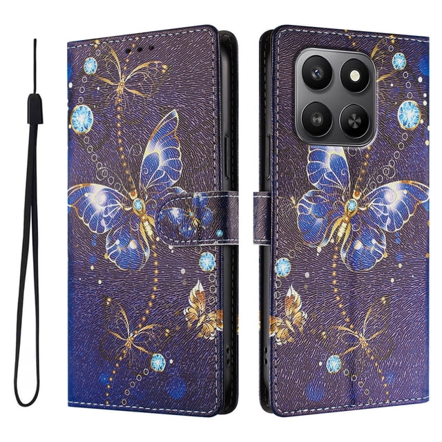 foxdock funda tipo cartera para honor 400 smart con soporte y correa – diseño de patrones lindos azul oscuro. Vista frontal y trasera centrada con tapa de cierre magnético; exterior de cuero PU texturizado con ilustraciones de gatitos, plantas y flores en tonos dorado y azul; bordes muestran carcasa interior TPU negra. Incluye ranuras para tarjetas, función soporte para ver videos y correa desmontable.