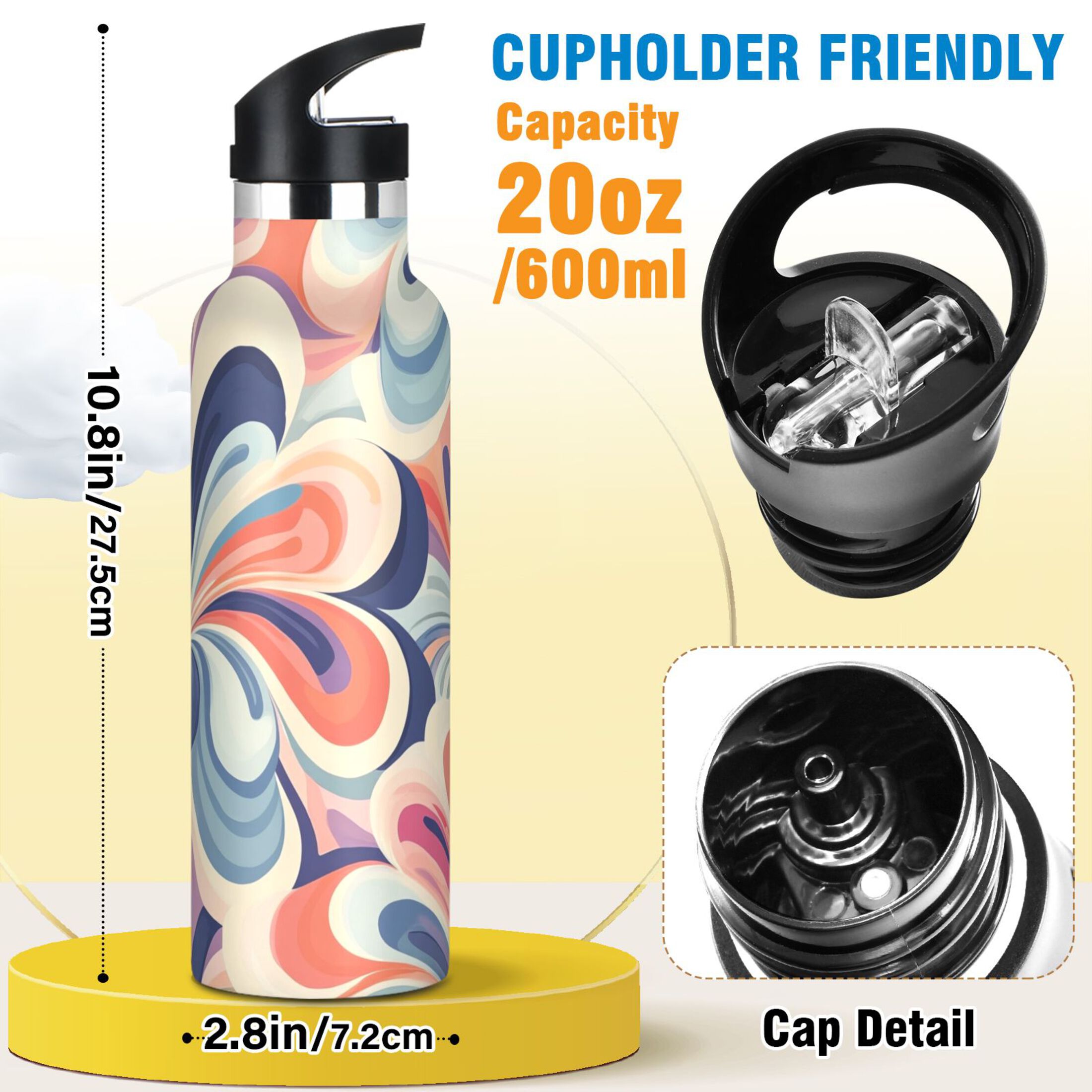 600ML Stainless Steel Insulated Cup Sports Water Bottle Portable Thermos Cup Water Glasses Insulated Tumblers Convenient and Durable Blue Flower Pattern