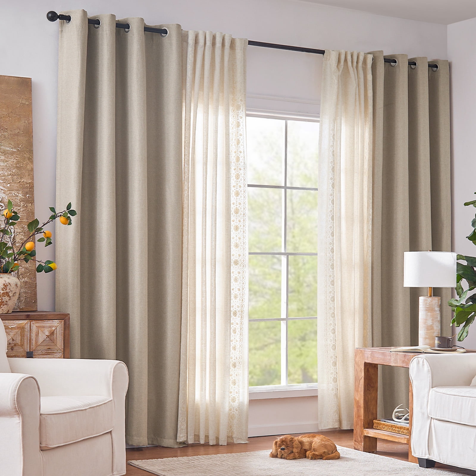 Curtainking Room Darkening Curtains 84 inches Greyish Beige Faux Linen Curtains Bedroom Living Room Window Curtain Set Thermal Insulated Drapes Grommet Top 2 Panels