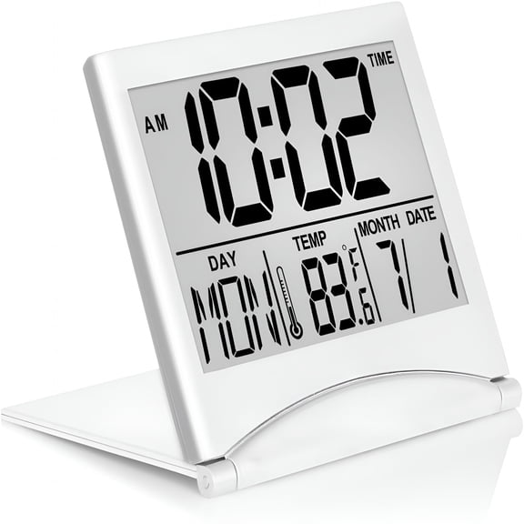 DESIGNICE Digital Travel Alarm Clock, Foldable LCD Desk Clock with Calendar, Temperature, Timer, Snooze Mode, Large Number Display, Battery Operated, Silver