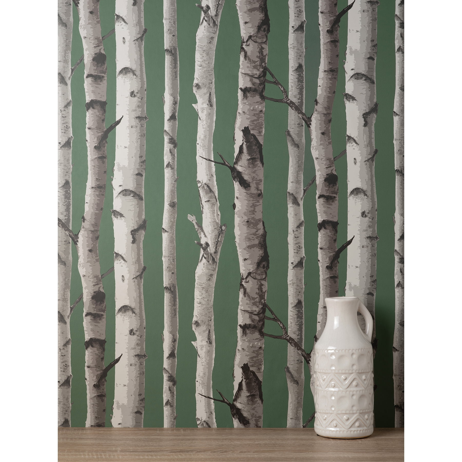 Fine Decor Chester Dark Green Birch Trees Wallpaper, 20.5-in by 33-ft