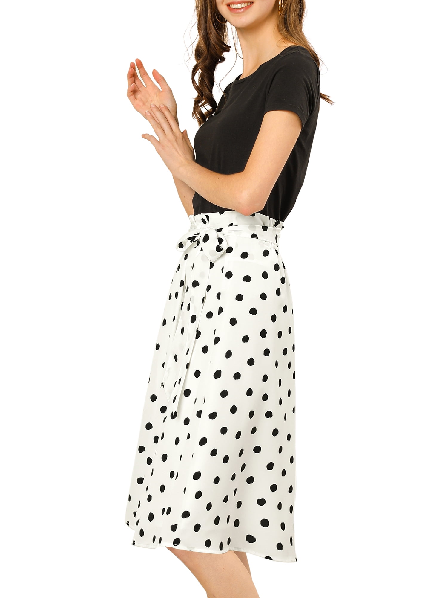 Unique Bargains Women's Polka Dots Belted Elastic Waist Vintage Midi A-Line Skirt XS White-Polka Dot