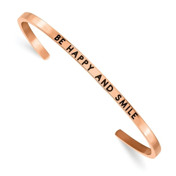 Primal Steel Stainless Steel Polished Rose IP-plated Enamel and Crystal BE HAPPY 3mm Cuff Bangle