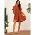 thumbnail image 4 of Unique Bargains Women's V Neck Ruffle Short Sleeve Dress with Pockets S Brick Red, 4 of 6