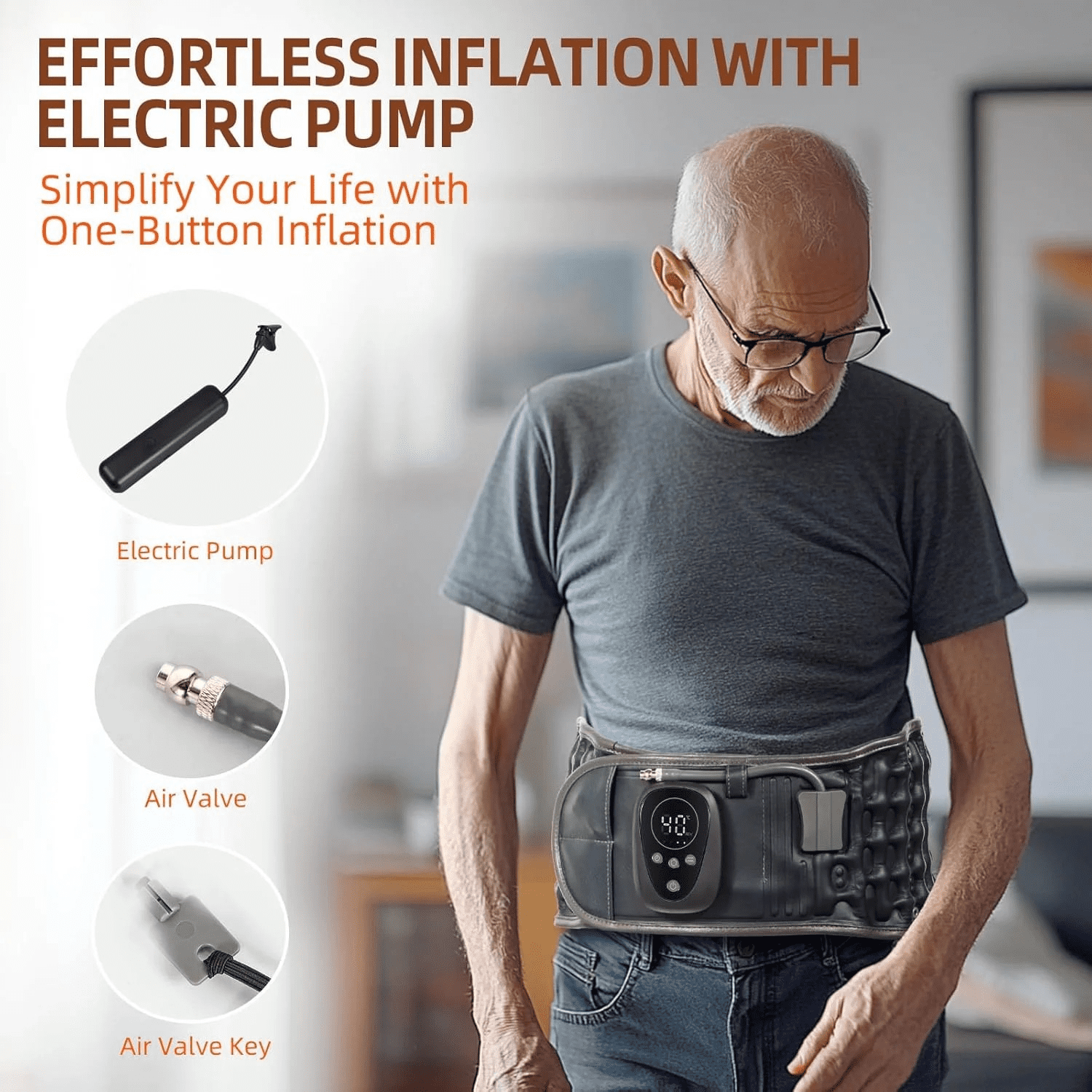 Cordless Air Inflation Back Belt with Heat and Massage, and Red Light | Rechargeable Lumbar Support for Lower Back Comfort