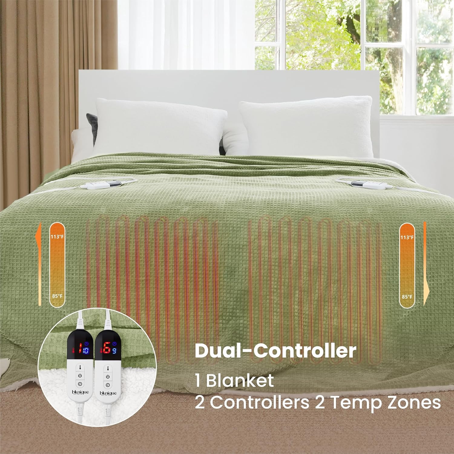BAO Heated Blanket Electric Blanket King Waffle, 90x100 Inches Dual Controllers Sherpa Fleece Fast Heating Blanket 6 Heating Levels & 10 Hours Auto Off ETL Certification, Sage King